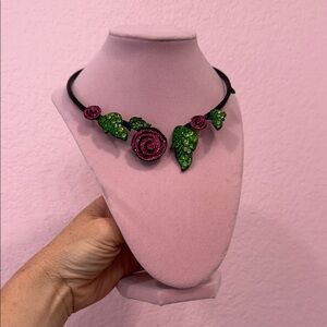 Sparkling Pink Rose and Green Leaf Necklace - Women Jewelry
